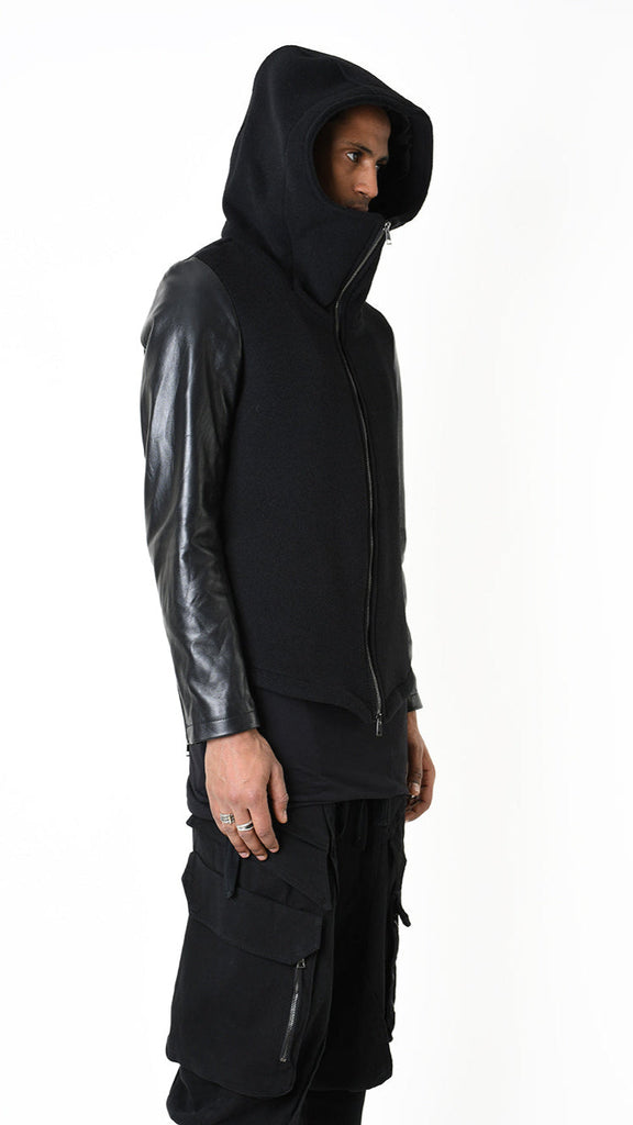 A33B LM18225 SPORT JACKET with wool cloth, leather sleeves, and lined hood in black.