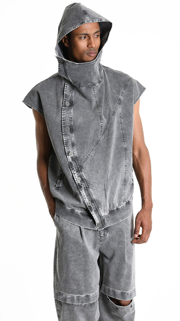 A33B M103725 GILET in marmorized grey with oversized fit and hood.