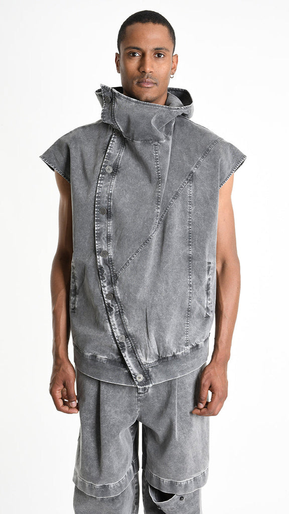 A33B M103725 GILET Oversized Cotton Stretch in Marmorized Grey with hood.