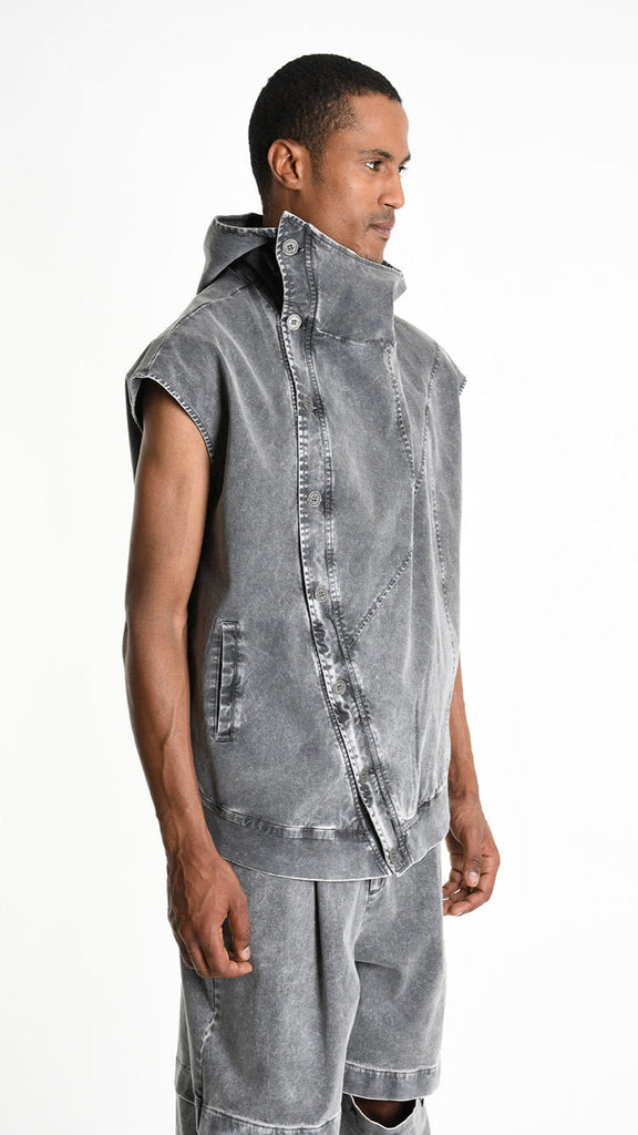 A33B M103725 GILET in marmorized grey, oversized fit with hood and pockets.