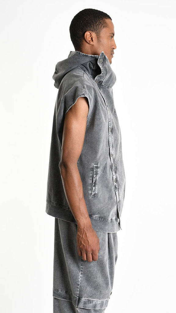 A33B M103725 GILET oversized cotton stretch in marmorized grey with hood and button closure.