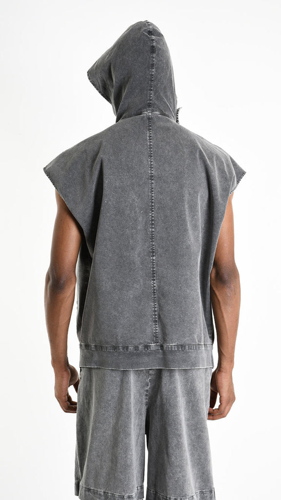 A33B M103725 GILET oversized cotton stretch in marmorized grey, hooded back view.