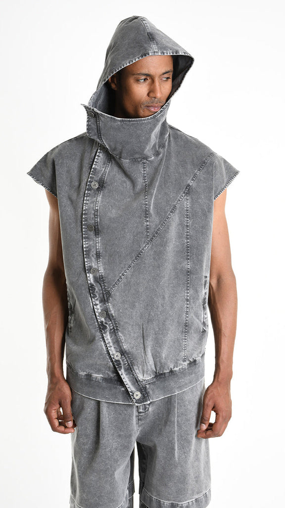 A33B M103725 GILET in marmorized grey with hood and button closure.