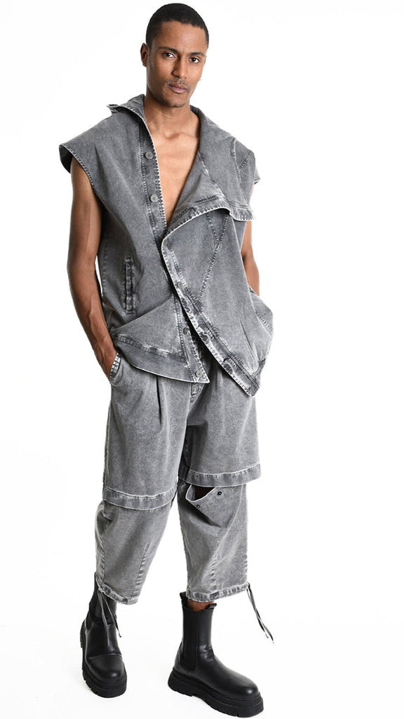 A33B M103725 GILET in marmorized grey cotton with oversized fit and hood.