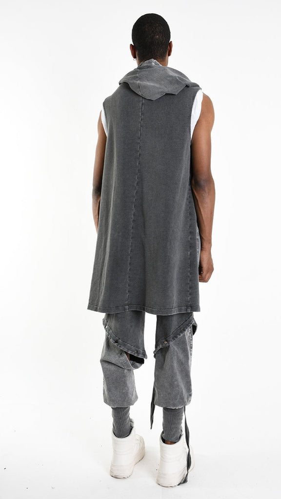 A33B M104725 GILET in grey with fleece and cotton stretch, featuring marmorized treatment and hood.