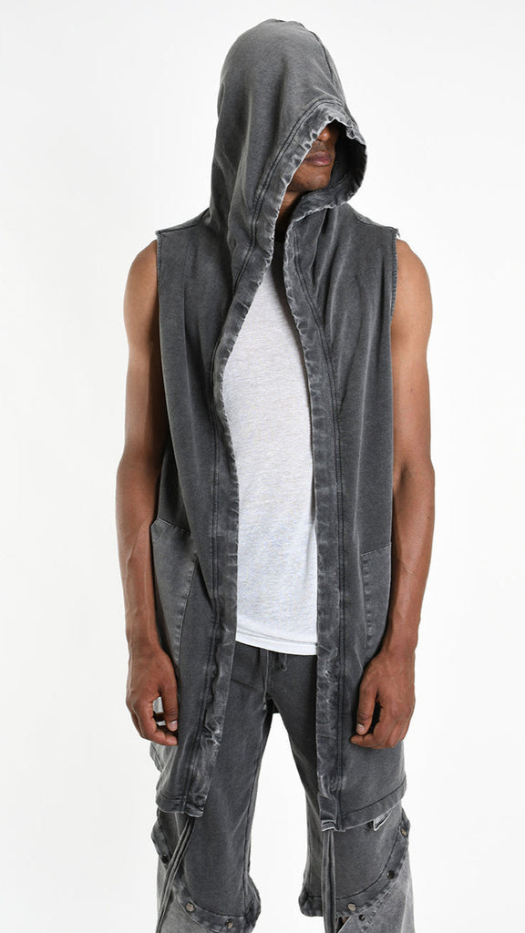 A33B M104725 GILET in grey with a hood, featuring fleece and cotton stretch material and marmorized gabardina inserts.