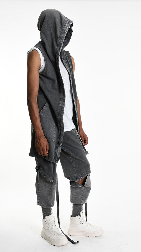 A33B M104725 GILET in grey fleece and cotton with hood and gabardina inserts, unisex design.