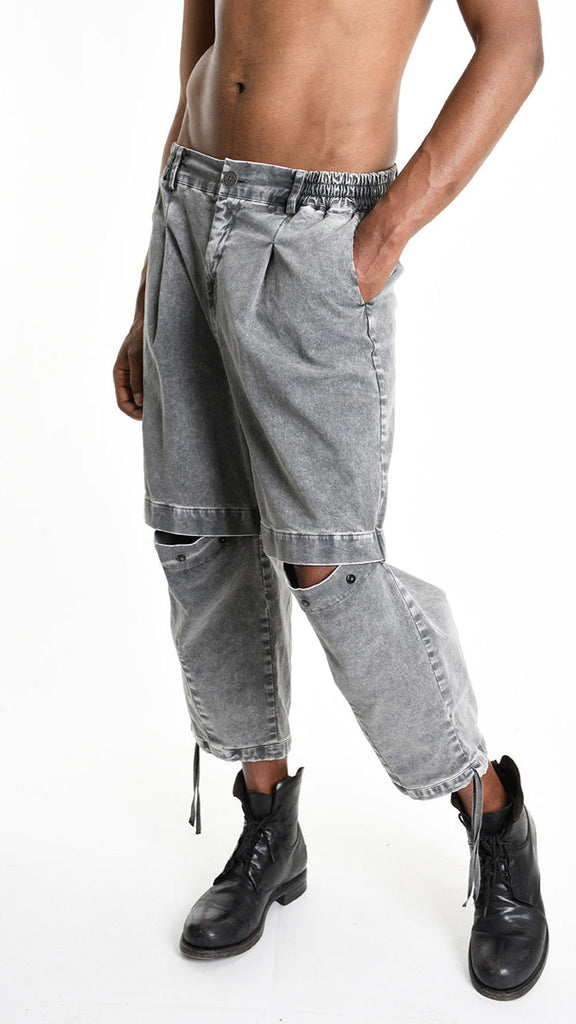 A33B M104925 TROUSER in marmorized grey with elastic waist and buttoned open leg.