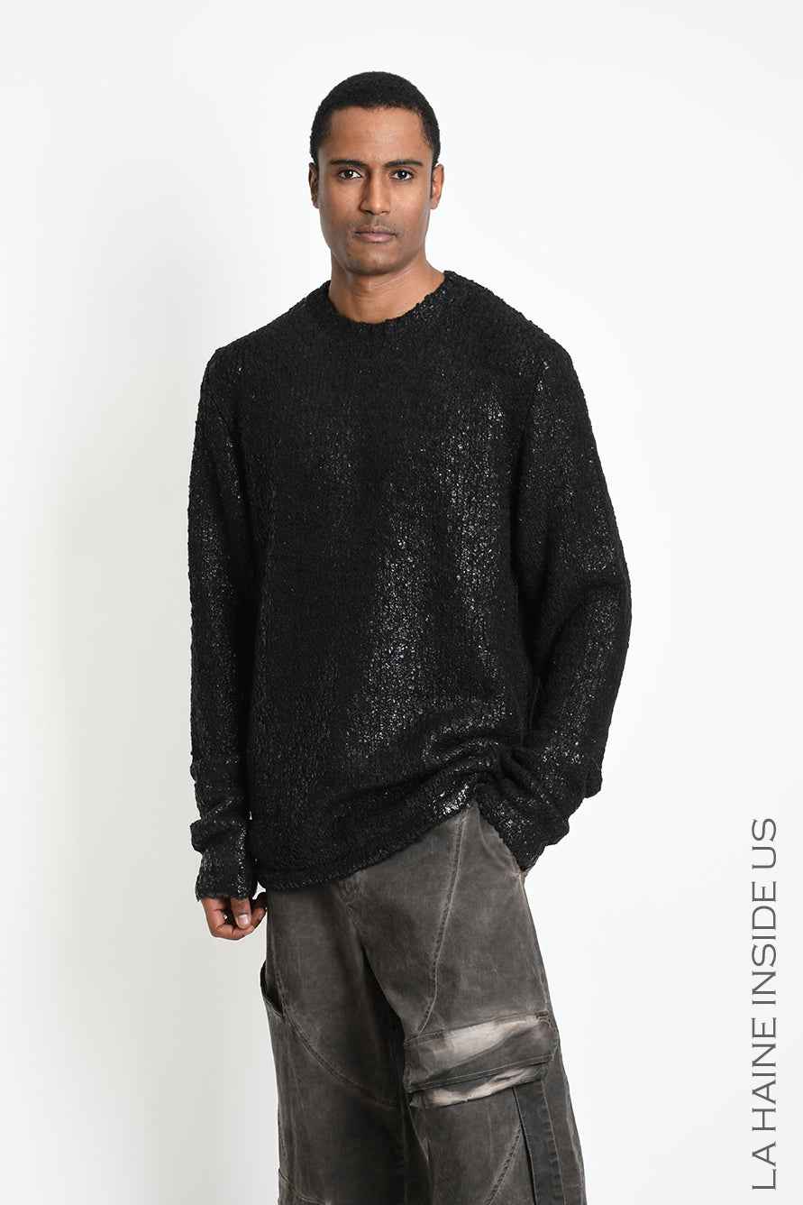 3K M1297 Sweater - Black Comfort Long Bouclé Thickness 3 Handcrafted Laminated Treatment Made in Italy