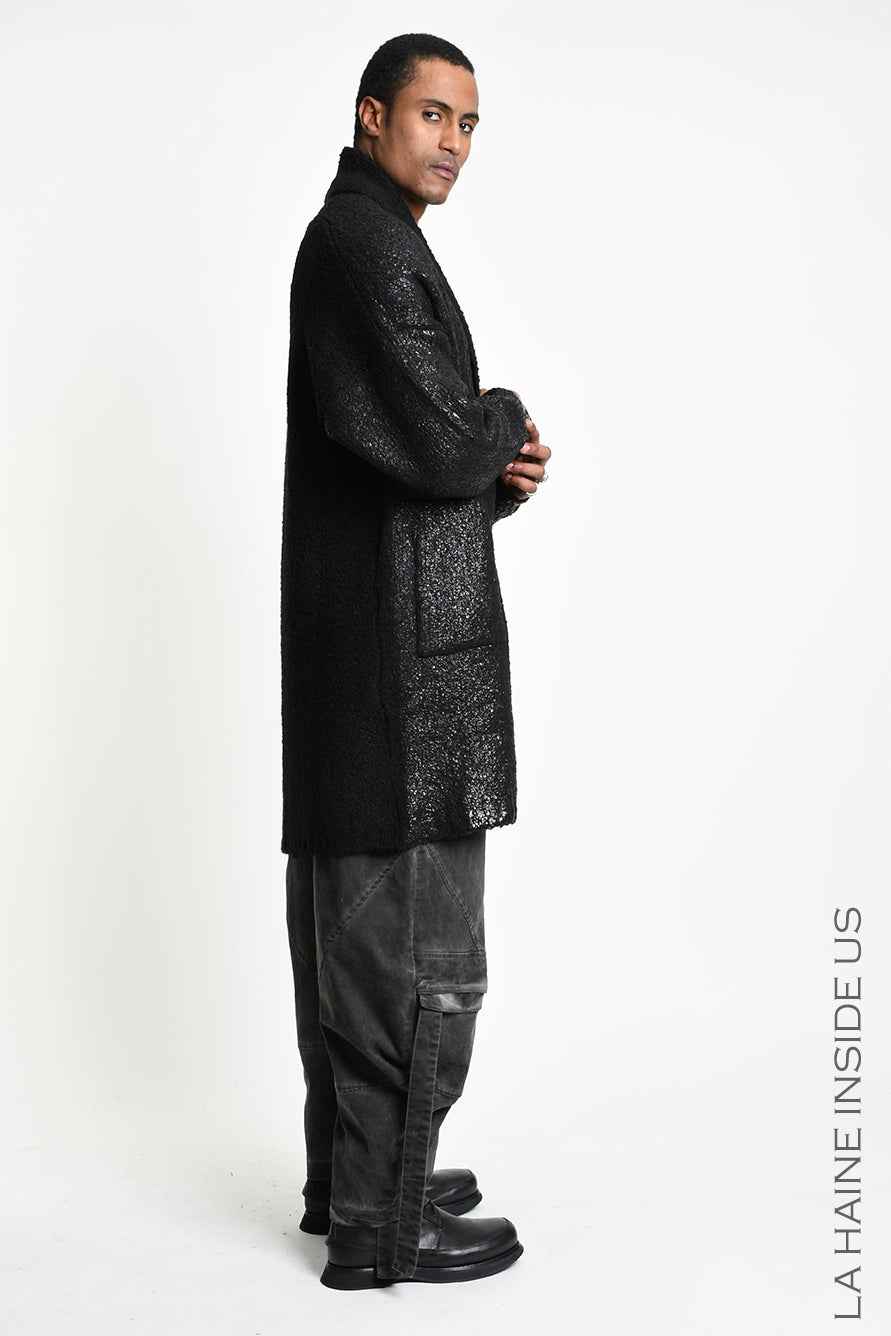 3K M1298 Coat - Black Comfort Bouclé Thickness 3 Handcrafted Laminated Reversible Made in Italy