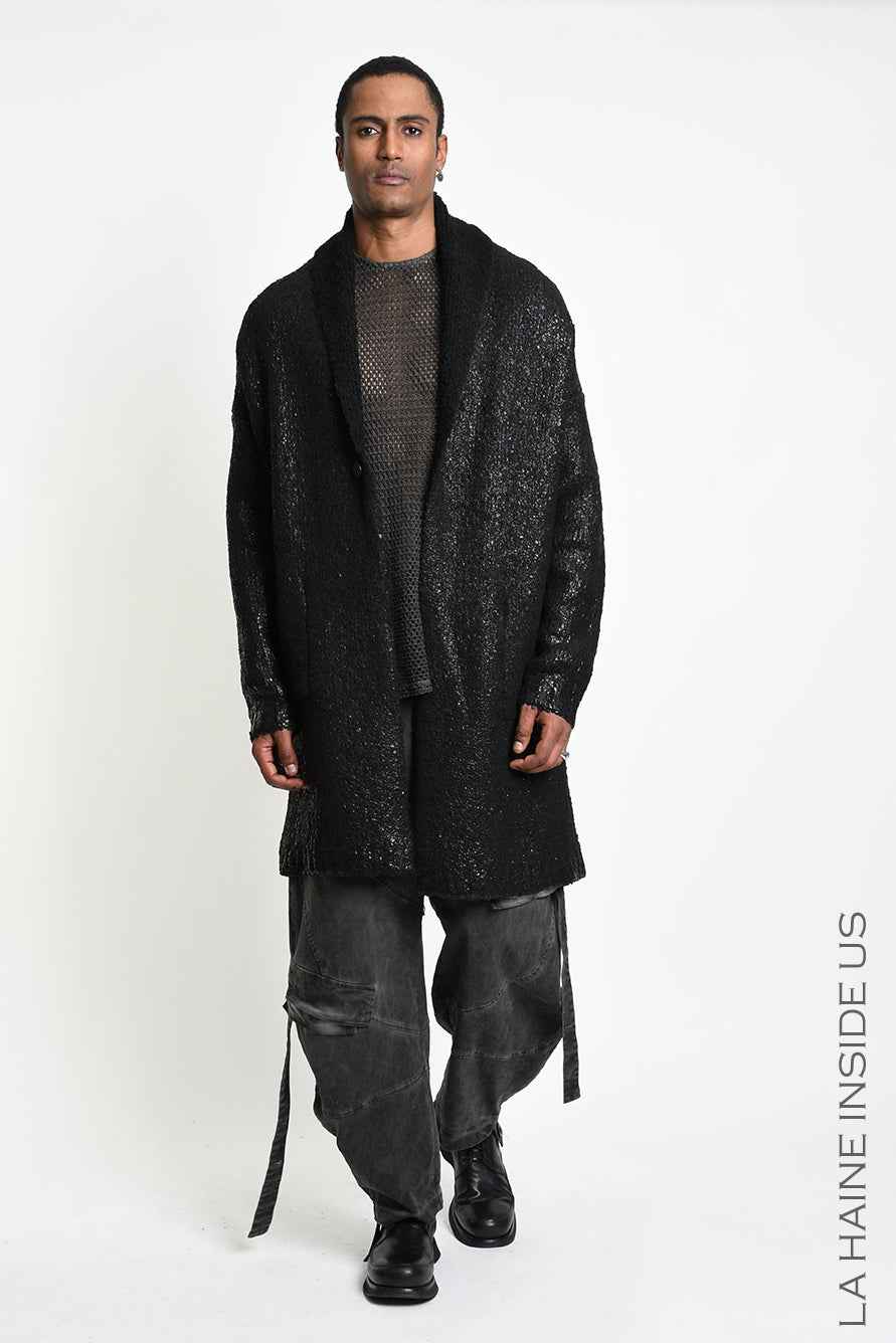 3K M1298 Coat - Black Comfort Bouclé Thickness 3 Handcrafted Laminated Reversible Made in Italy
