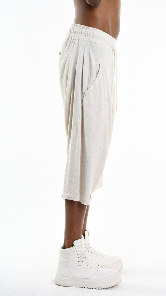 A33M M101125 unisex ecru pant in linen and viscose blend, side view.