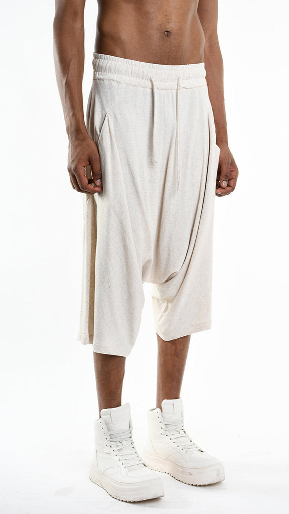 Unisex ecru A33M M101125 pant made from linen and viscose blend with elastic waist.