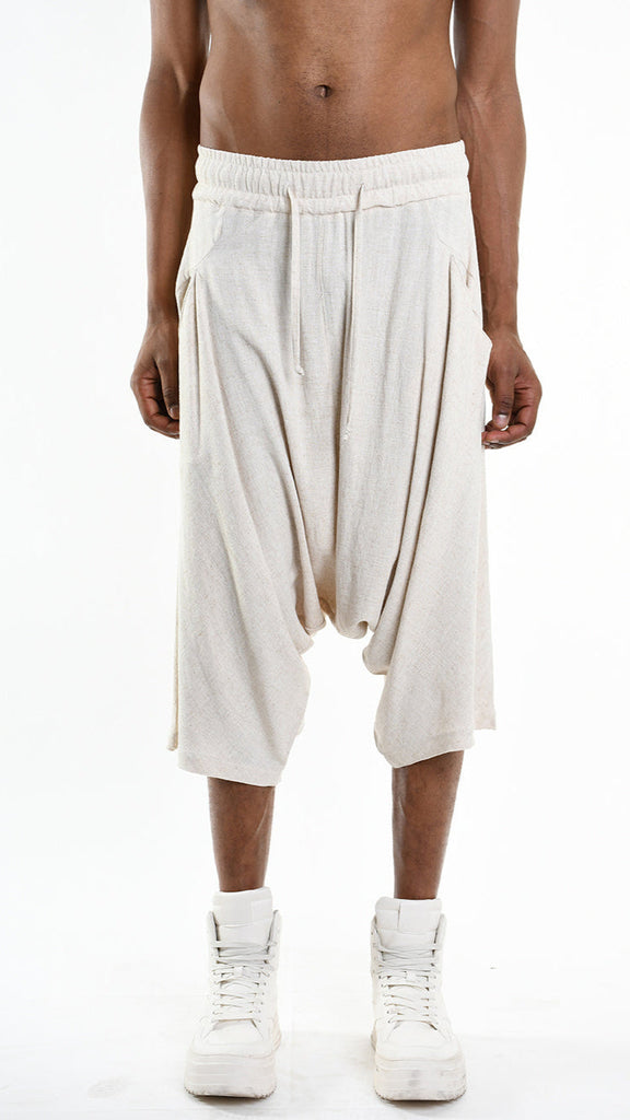 Unisex ecru A33M M101125 pants in viscose linen blend, low crotch style.