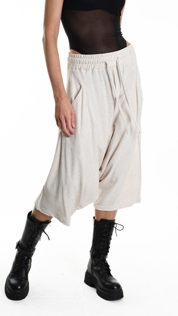 A33M M101125 unisex pant in beige, linen viscose blend, low crotch, elastic waist, pockets.