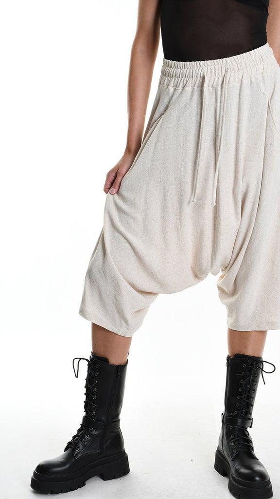 Unisex A33M M101125 pant in beige, low crotch, elastic waist, Italian linen viscose blend.