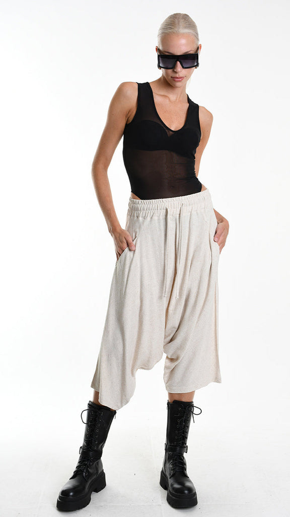 Unisex A33M M101125 pants in beige viscose linen blend with low crotch and elastic waist.