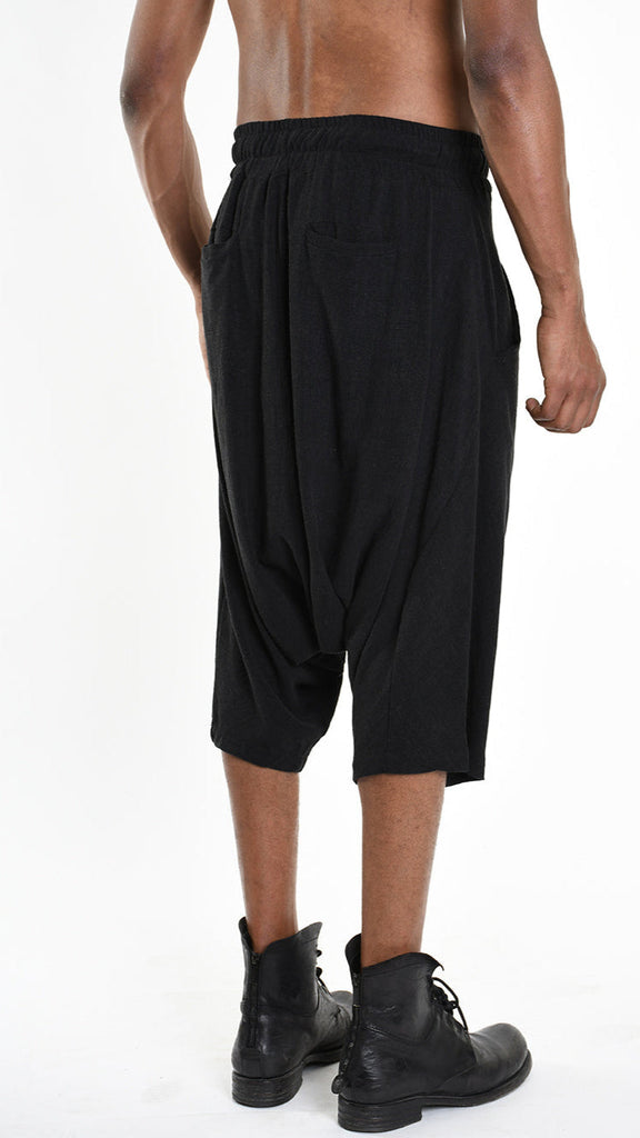 Unisex black A33M M101125 pant with low crotch and elastic waist, made in Italy from viscose linen blend.