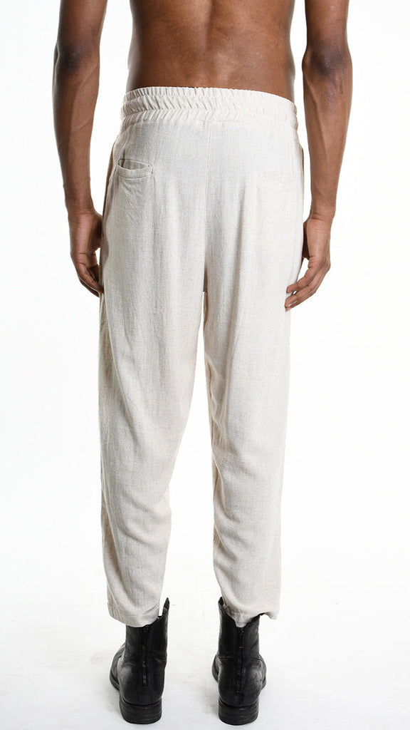 A33M M101225 Trouser in ecru viscose linen with elastic waist and buttons.