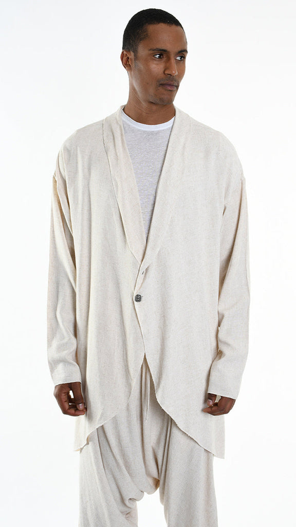 A33M M101325 CARDIGAN in ecru with an asymmetrical design and button closure, made from viscose and linen.