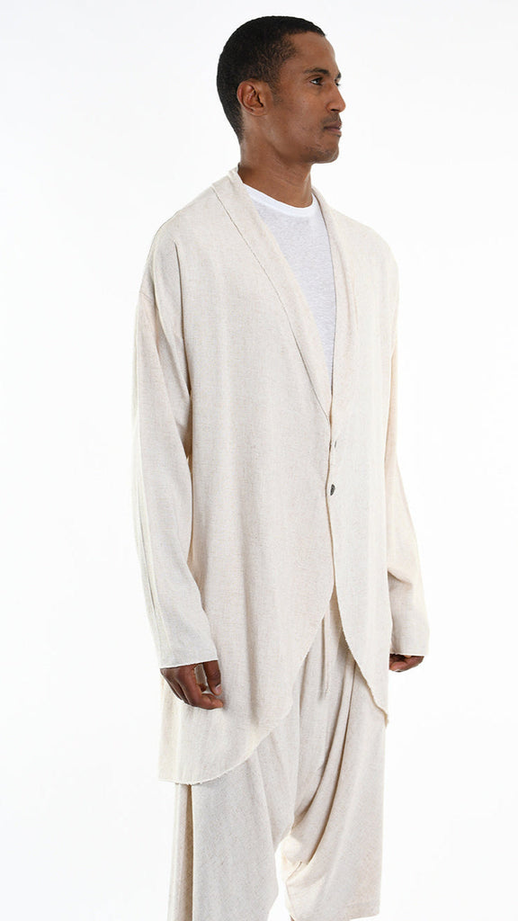 A33M M101325 CARDIGAN in ecru, unisex viscose linen blend with asymmetrical design.