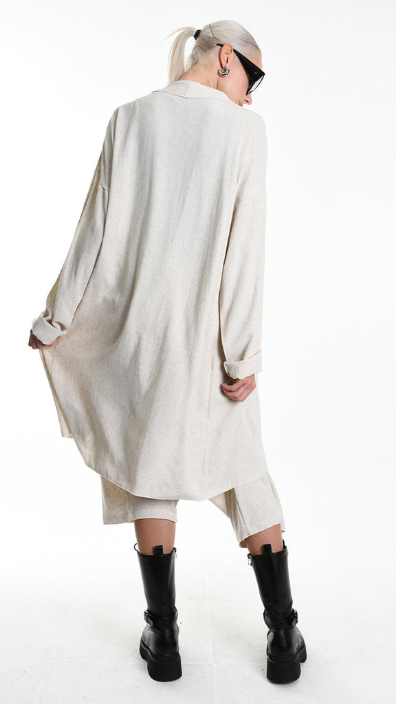 A33M M101325 CARDIGAN in ecru, unisex viscose linen blend, asymmetrical design, button closure.