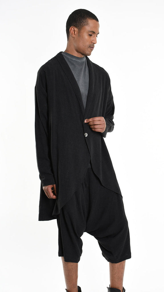 Unisex black A33M M101325 Cardigan in viscose linen with button closure.