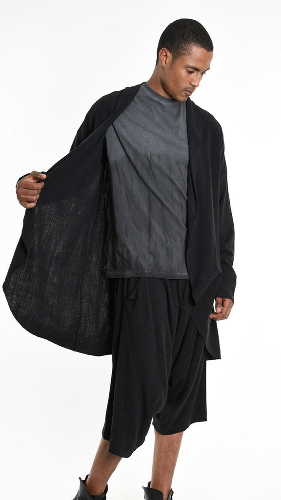 A33M M101325 Cardigan in black, unisex viscose linen blend, button closure, elegant design.