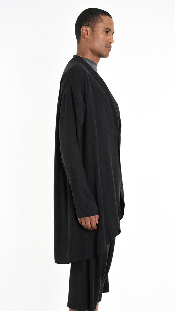 Unisex black A33M M101325 Cardigan in viscose linen blend with button closure.