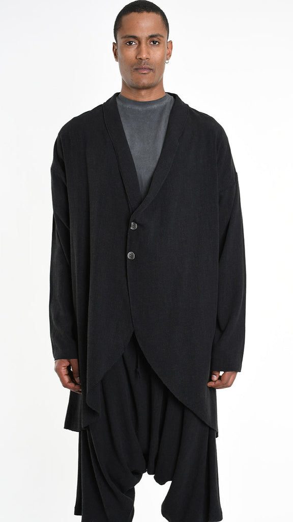 Viscose linen unisex black cardigan A33M M101325 with button closure.