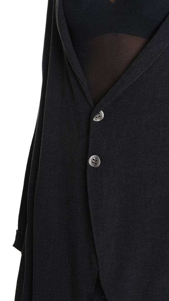 Black A33M M101325 cardigan with button closure and asymmetric design.