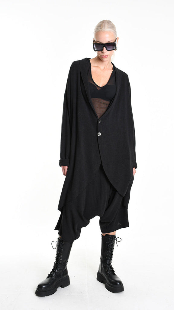 A33M M101325 CARDIGAN in black, unisex viscose linen blend, asymmetric design, button closure.