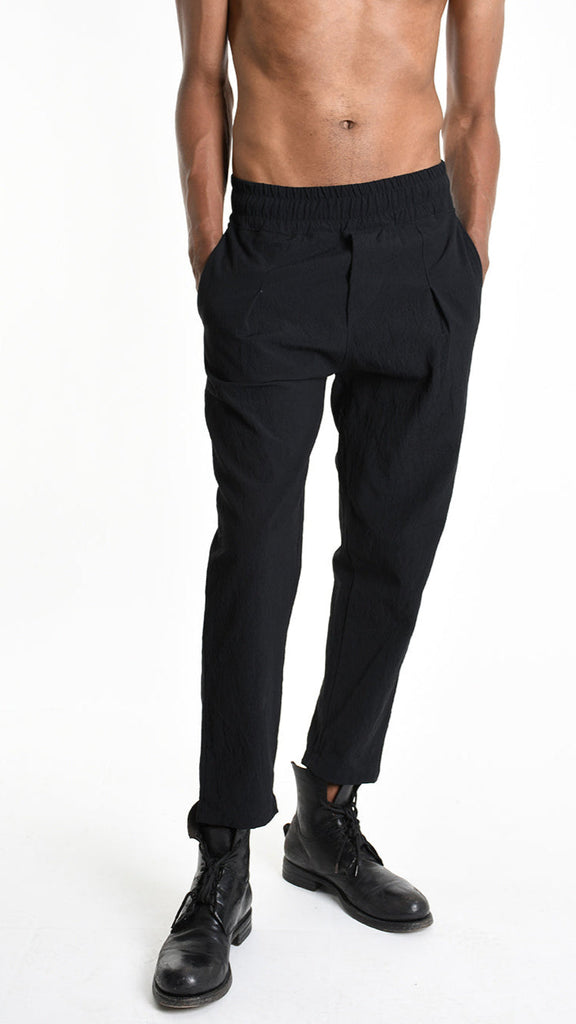 Black Jacquard cotton trouser with elastic waist and pockets, A33M M101425.