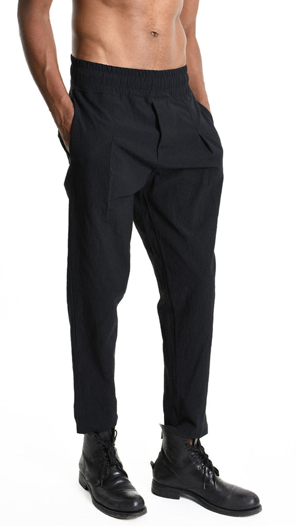 Black Jacquard cotton trouser with elastic waist and pockets, A33M M101425 design.