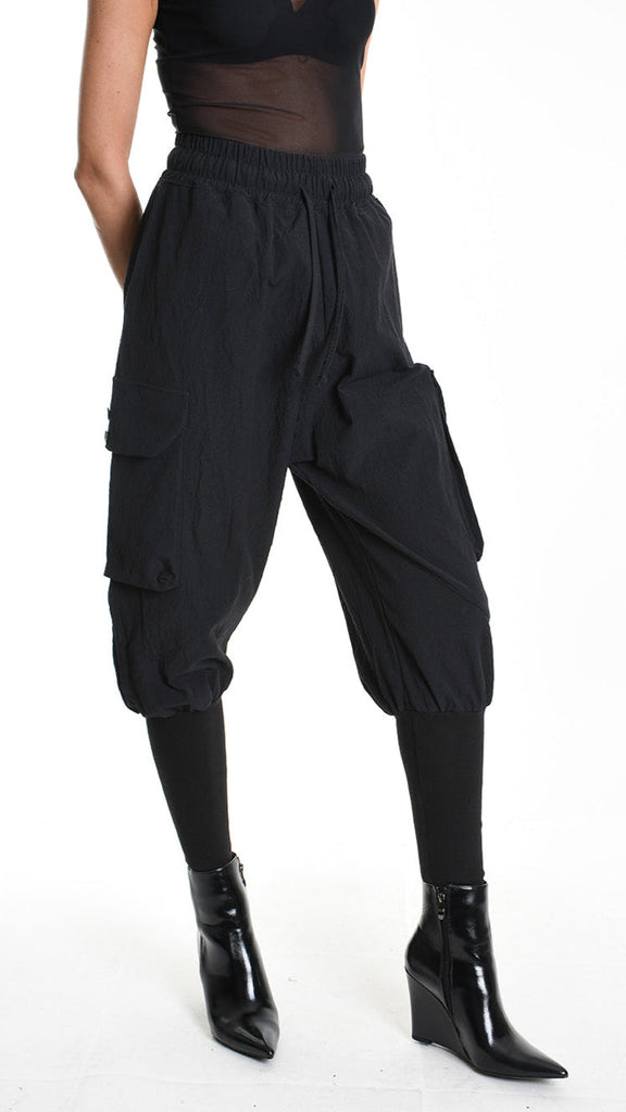 UNISEX D Black baggy jacquard trouser with elastic waist and pockets.