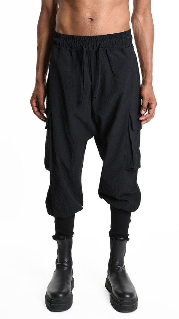 A33M M101525 TROUSER Baggy Cotton Jacquard Unisex Black with Elastic Waist and Pockets.