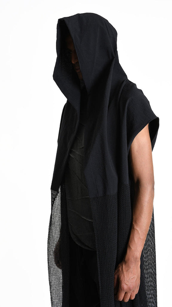 A33M M101625 GILET in black cotton jacquard with hood and net bottom.