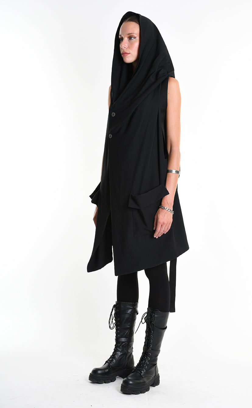 トップス rare FUGA Black Coated Draped Gilet Doubled Sleeveless Hooded Cardigan Unisex Black – LA HAINE INSIDE