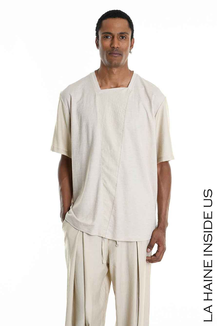 LA HAINE INSIDE US M1269 T-Shirt - Beige Asymmetric Oversized Viscose Nylon Italian Men's