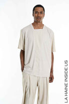 LA HAINE INSIDE US M1269 T-Shirt - Beige Asymmetric Oversized Viscose Nylon Italian Men's