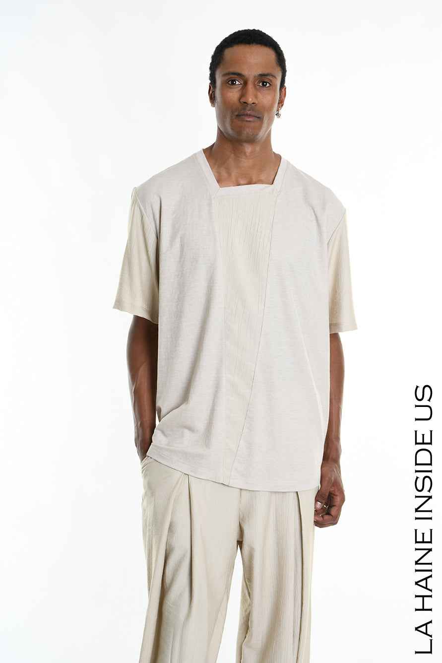 LA HAINE INSIDE US M1269 T-Shirt - Beige Asymmetric Oversized Viscose Nylon Italian Men's