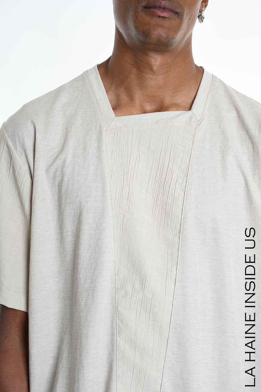 LA HAINE INSIDE US M1269 T-Shirt - Beige Asymmetric Oversized Viscose Nylon Italian Men's