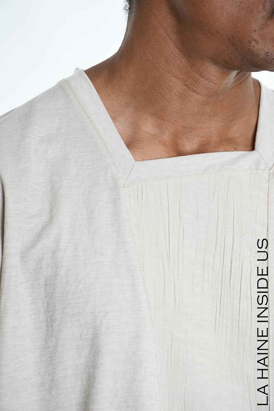 LA HAINE INSIDE US M1269 T-Shirt - Beige Asymmetric Oversized Viscose Nylon Italian Men's