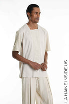 LA HAINE INSIDE US M1269 T-Shirt - Beige Asymmetric Oversized Viscose Nylon Italian Men's