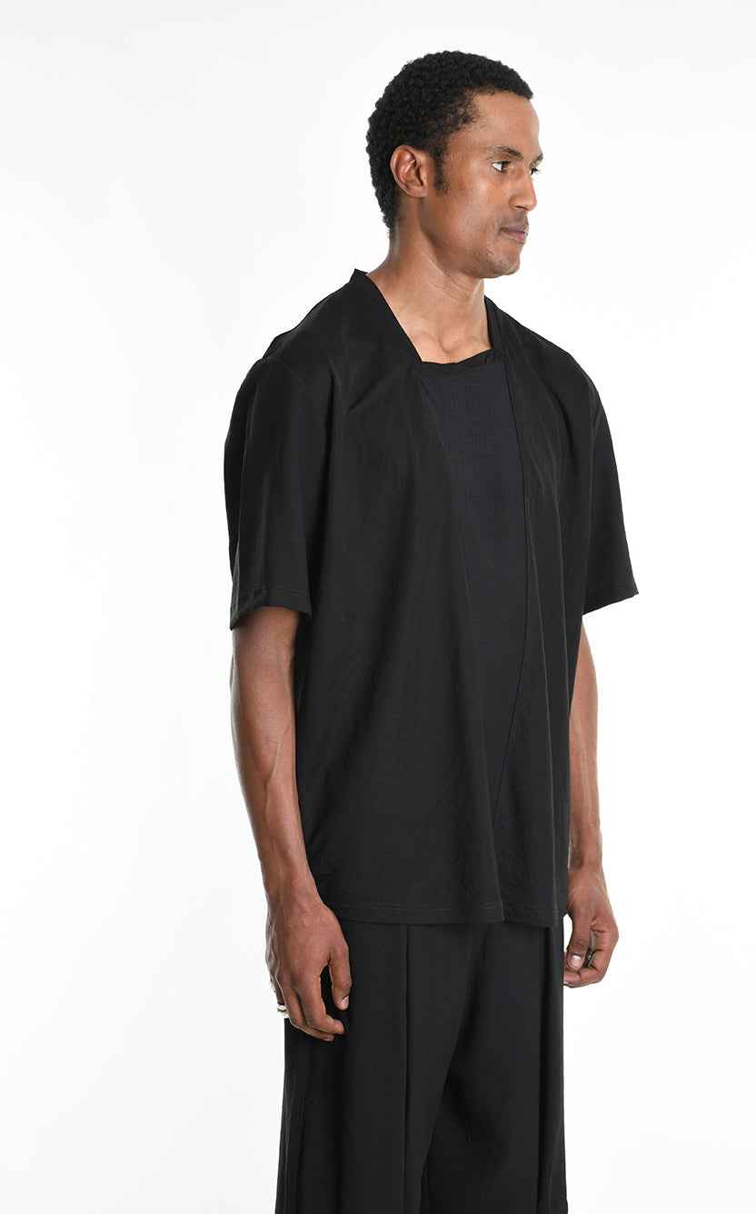 LA HAINE INSIDE US M1269 T-Shirt - Black Asymmetric Oversized Viscose Nylon Italian Men's