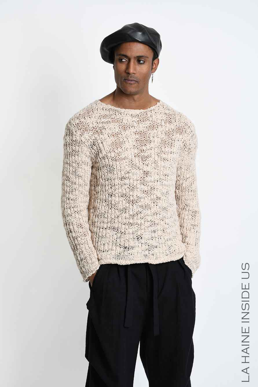 3M M1373 Sweater - Ecru Open-Weave Bouclé Wool Blend Regular Fit Men's Made in Italy