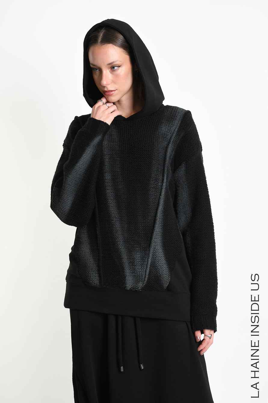 3M M1343 Sweatshirt - Black Diagonal Fleece Knit Spray Treatment Hood Unisex Made in Italy
