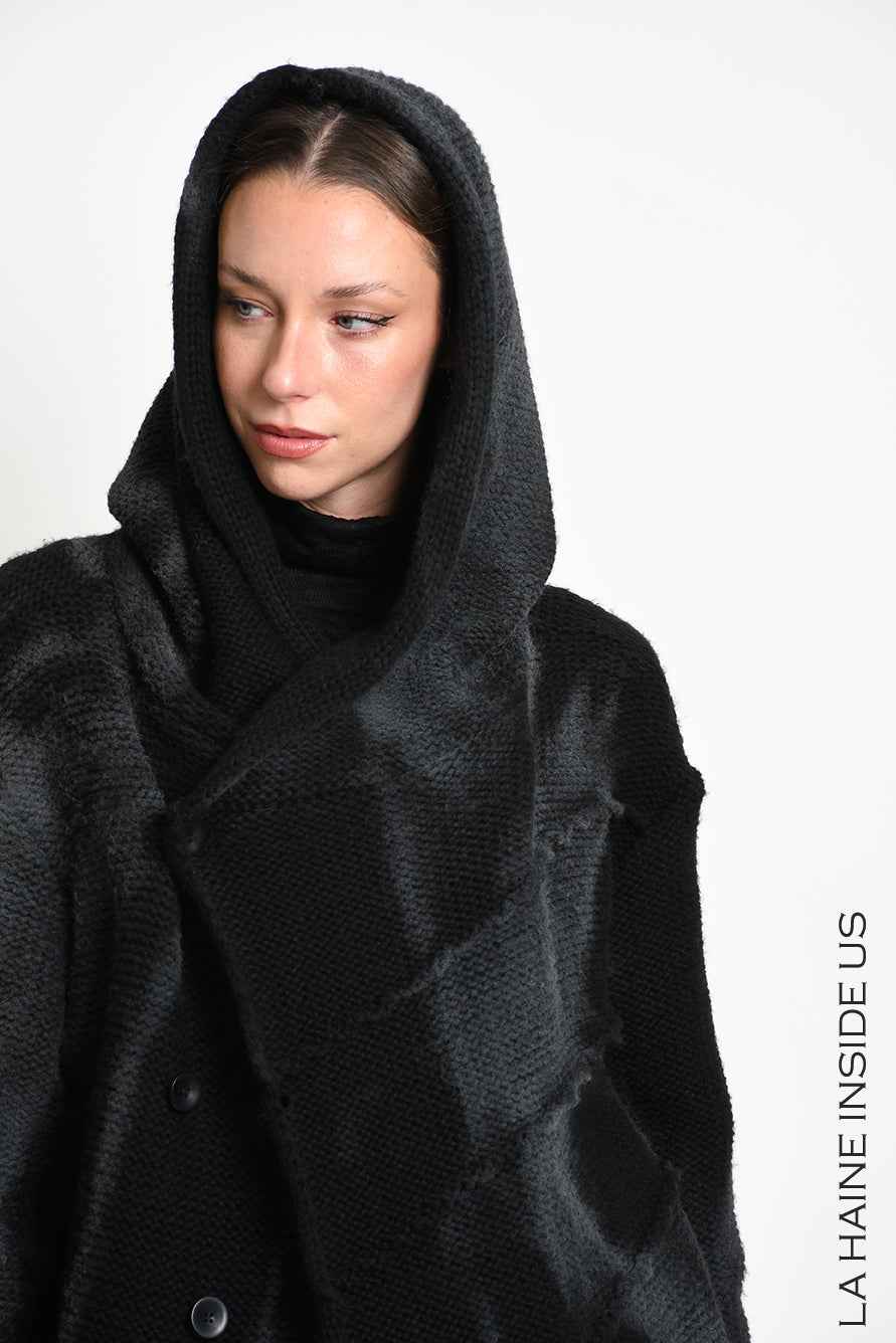 3M M1345 Coat/Cardigan - Black Asymmetrical Thickness 3 Knit Spray Treatment Corozo Buttons Unisex Made in Italy