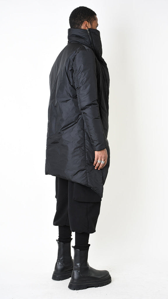 Black asymmetric down jacket with thumb holes, double slider zip, and padded comfort nylon 180gr.