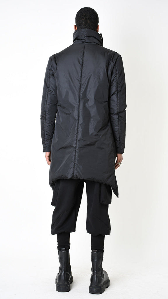 Black A33P LM24025 down jacket in comfort nylon with 180gr padding, featuring asymmetric design and double slider zip.